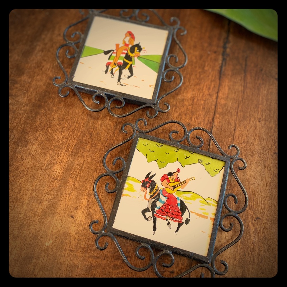 🎉HP!🎉 Vntg 1950s Spanish Tiles Iron Framed Set 2